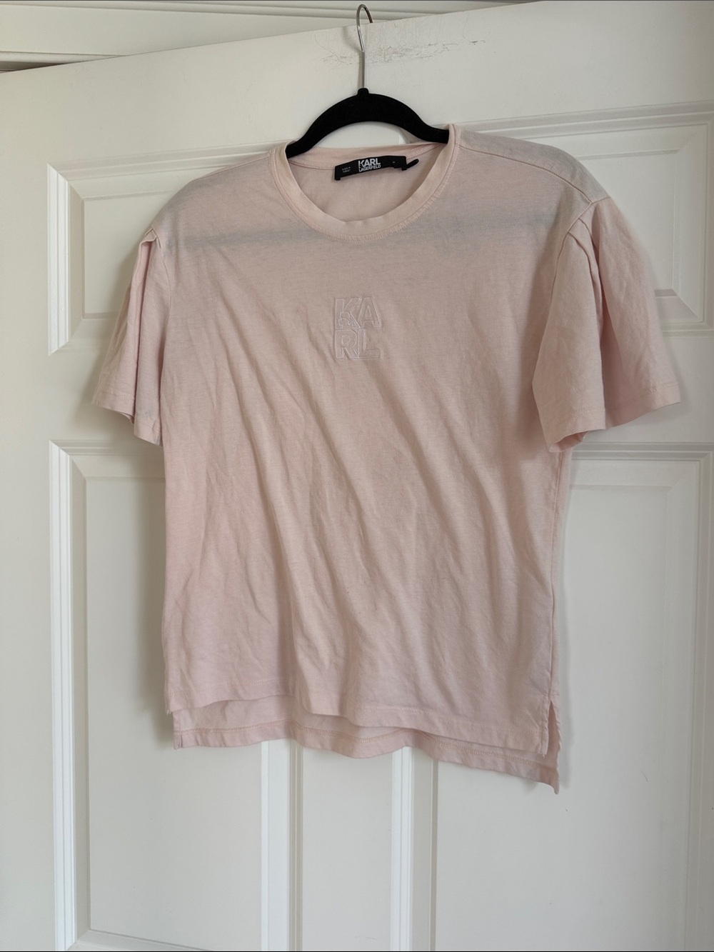 Karl Lagerfeld Pale Pink Embroidered Logo Crewneck Tee